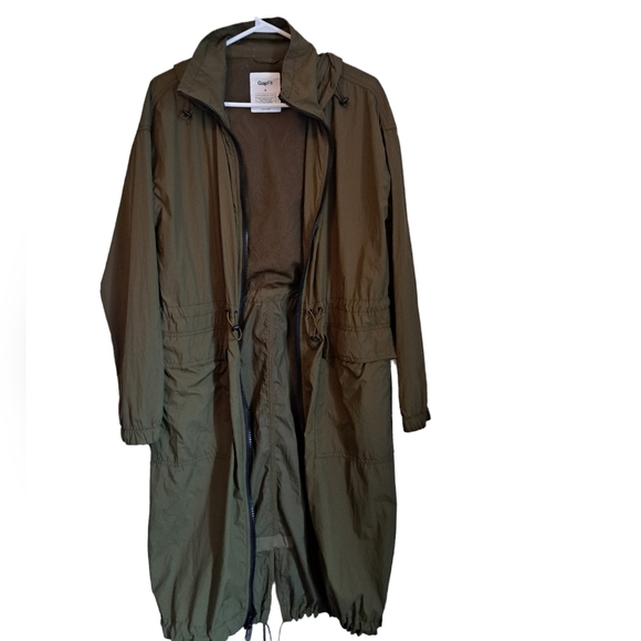 GAP FIT long lightweight jacket army green nylon hooded water resistant zip SM - Picture 4 of 9